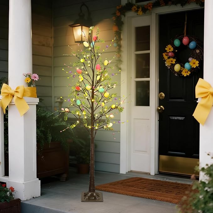 DR.DUDU 6FT Lighted Easter Tree with Timer, Large Easter Decorations for Home & Outdoor Porch, Pre-Lit Egg Trees with LED Lights & Colorful Eggs for Spring Party Office Decor