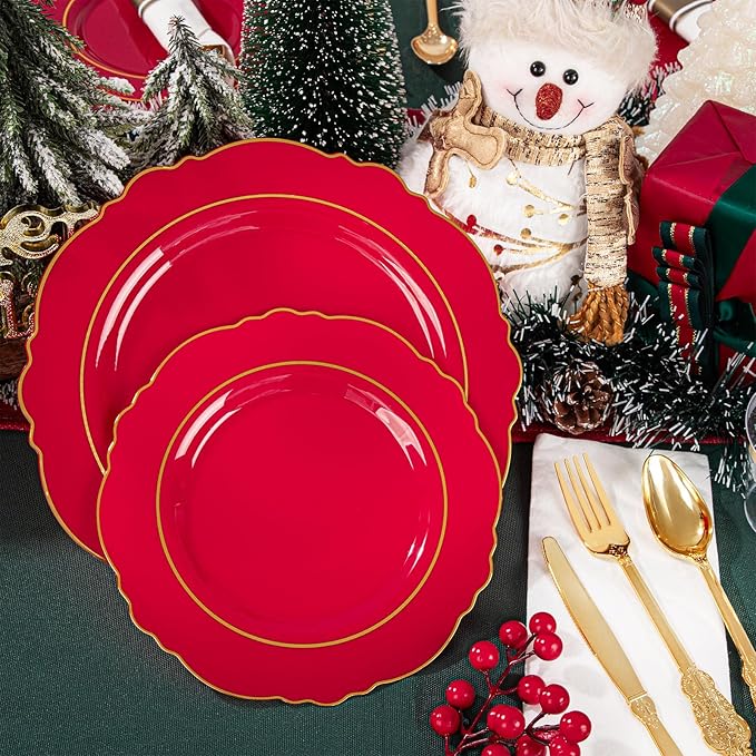 Liacere 175PCS Red Plastic Plates - Red Disposable Plates With Gold Rim -25Guest Baroque Plastic Dinnerware include 50Plates-25Pack Pre Rolled Napkins with Silverware 25Cups for Valentine's Day