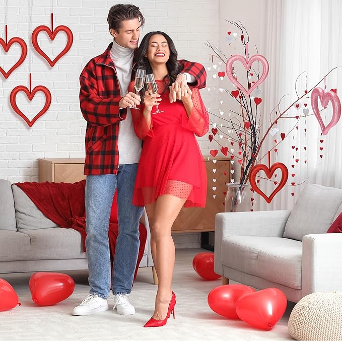 Aneco 8 Pieces Valentine's Day Heart Hanging Ornaments for Tree 9.45 Inch 3D Heart Shaped Decorations Glitter Foam Hearts Wreath for Wedding Valentine Front Door Wall Home Decor