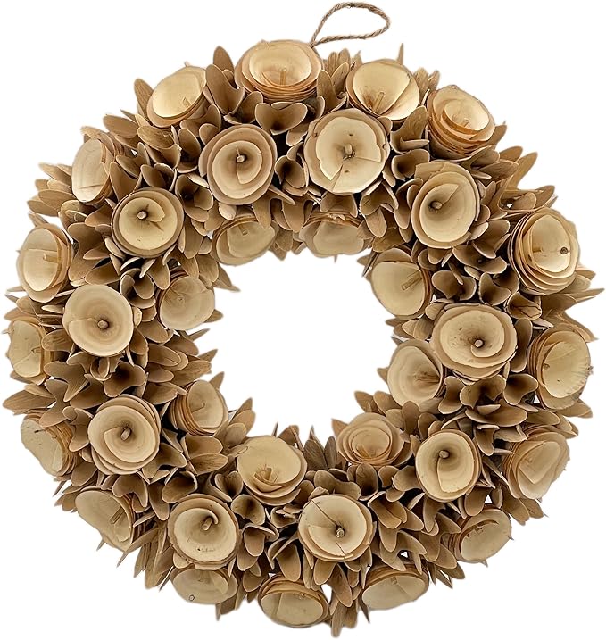 Galt International 18” Natural Woodchip Rose Harvest Wreath - Intricate Front Door Wreath - Beautiful Indoor and Outdoor Wreath for Any Season Rustic Farm Home Decor - 18” Round Wreath (Natural)