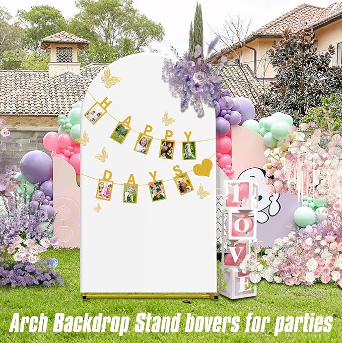 7.2FT Wedding Arch Backdrop Stand and Cover ,Double-Color Spandex Fitted Arch Covers Round Top Balloon Arched Frame for Wedding/Baby Shower/Birthday/Party/Graduation /Indoor Outdoor Use (White +Ivory