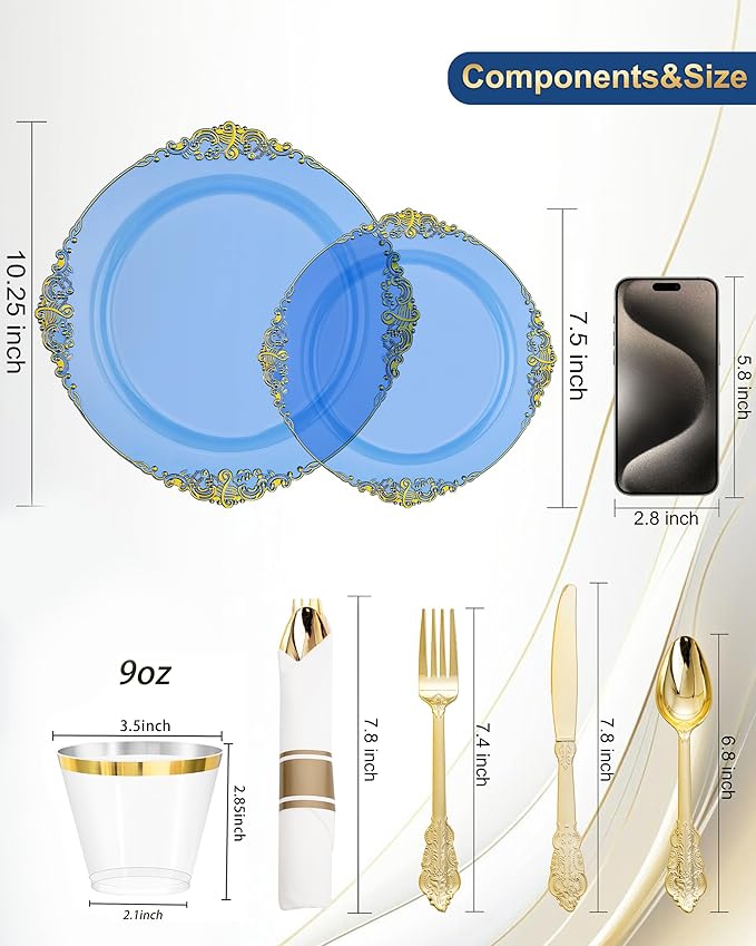 Nervure 350PCS CLear Blue Plastic Plates - Blue Gold Plastic Dinnerware Sets for 50 Guests - 100 Disposable Plates, 150 Silverware, 50 Cups, 50 Napkins for Wedding & Party