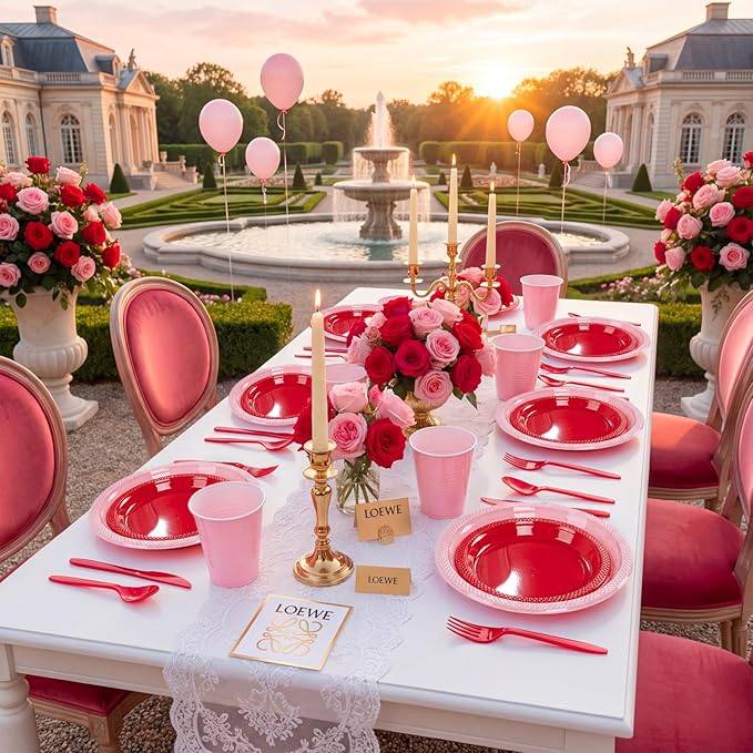 MirthMood 350PCS Valentines Plastic Plates For Party, Valentines Disposable Plates Set, 50 Of Each Dinner Plate Set, Dessert Plate, Cups, Napkins & Cutlery Plastic Dinnerware for Valentine's Day