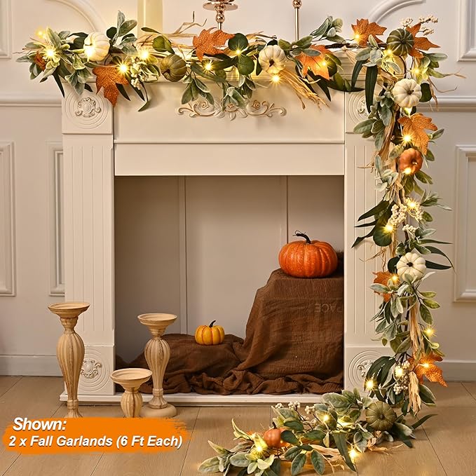 Fall Decor,Fall Garland for Mantel, 6 FT Fall Garland with Light, Lighted Autumn Garlands with Faux Lamb's Ear & Pumpkins, Thanksgiving Table Centerpiece, Fall Decorations for Home Porch Fireplace