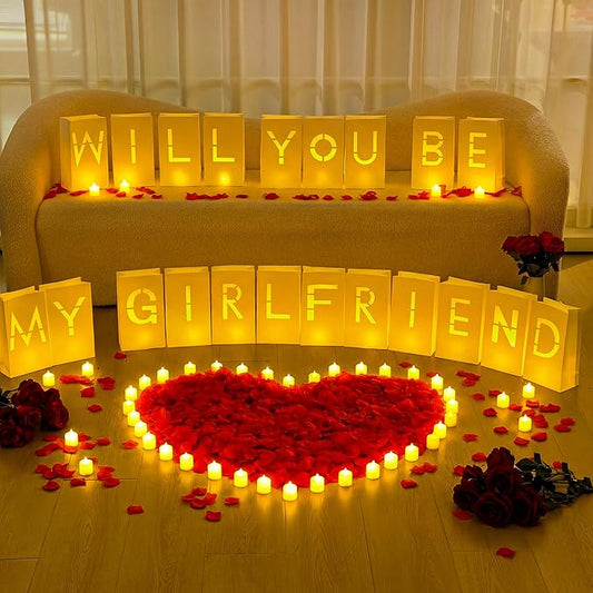 6093 Pcs Will You Be My Girlfriend Light up Letters with LED Flameless Tealight Candle Red Rose Petal Letter Luminary Paper Bag for Valentine's Day Decoration Romantic Special Night Decor