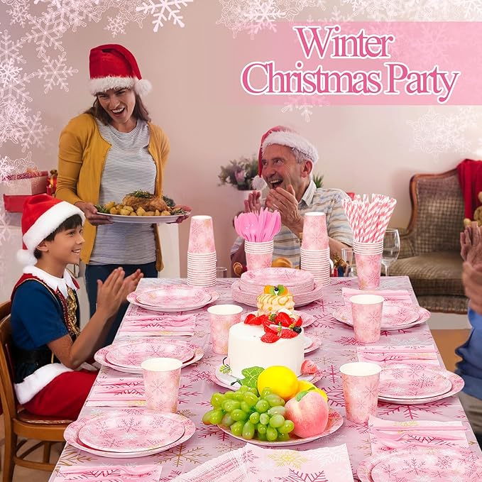 452 Pcs Pink Snowflake Party Decoration for 50, Pink Gold Winter Snowflake Paper Plates Napkins Cups Tablecloth Cutlery Straws for Winter Baby Shower Wonderland Birthday Supplies