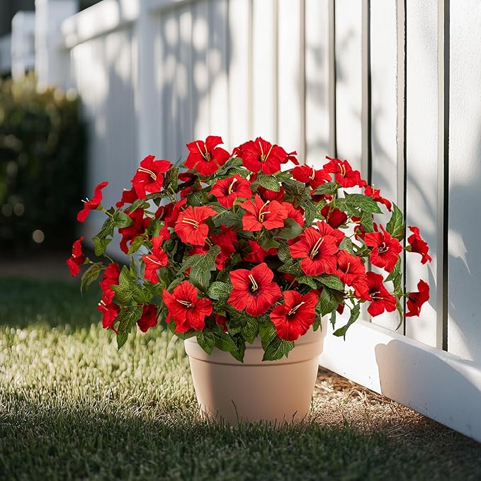19 Inch Artificial Fake Flowers for Outdoor,4 Pcs Faux Silk Petunias Spring Flowers for Outside for Indoor Porch Planter Front Door Garden Patio Window Box Home Decor(Red)