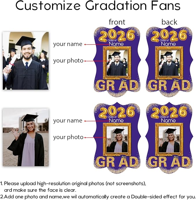 Personalized Graduation Double Sided Face Fan Class of 2026 Customized Graduation Head Face Cutout with Handle Fun Photo Prop Supplies(A-Purple and Gold,24pcs)
