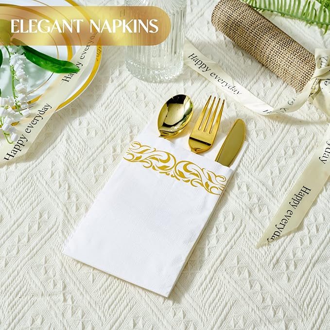 Vplus 600 Pack Paper Napkins Guest Towels Disposable Premium Quality 3-ply Dinner Napkins Disposable Soft, Absorbent, for Kitchen, Wedding, Parties, Dinners or Events(Gold)