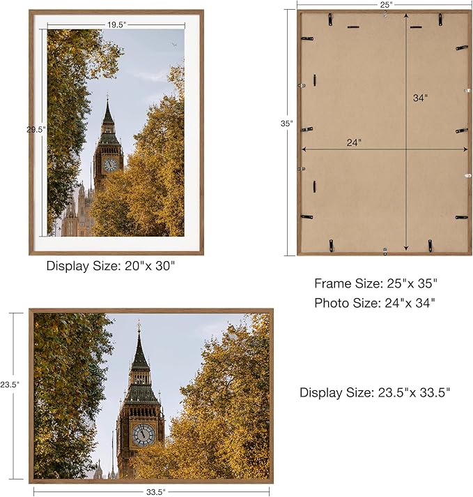 Axeman 24x34 Frame | Solid Oak Wood 24x34 Poster Frame With Mat for 20x30 | 34x24 Wood Picture Frame | Tempered Glass and Hanging Hardware Included Home Wall Decor Art Hanging Frame | Walnut