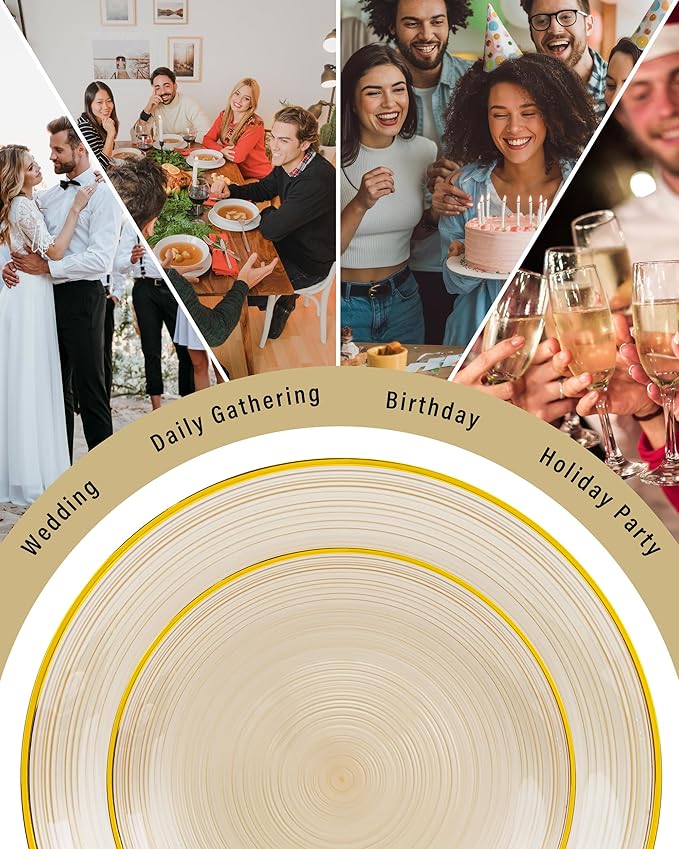 Morejoy 175PCS Clear Brown Plastic Plates - Disposable Gold Party Plates & Pre Rolled Napkins with Cutlery for 25 Guests, 50Plates, 75Silverware, 25Cups, 25Napkin for Party & Christmas
