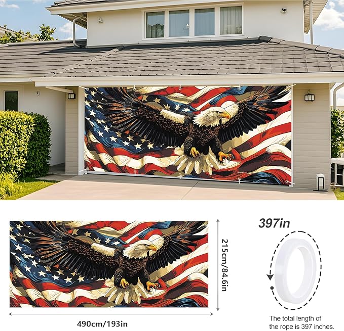 Eagle American Flag Garage Door Banner 7x16FT, Patriotic Bald Eagle & American Flag Design, Outdoor Decoration for Independence Day and National Holidays