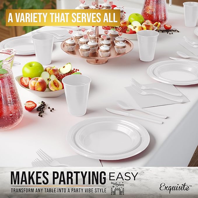 Party Solids 350 Pieces White Plastic Plates For Party, White Disposable Plates Set, 50 Of Each 9" Dinner Plate Set, 7" Dessert Plate, Cups, Napkins & Cutlery Plastic Dinnerware