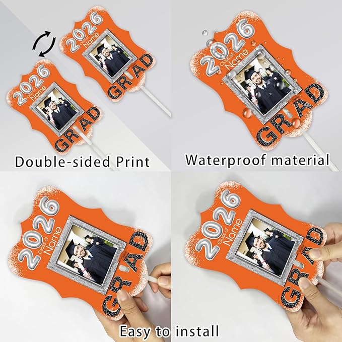 Personalized Graduation Double Sided Face Fan Class of 2026 Customized Graduation Head Face Cutout with Handle Fun Photo Prop Supplies(A-Orange and Black,24pcs)