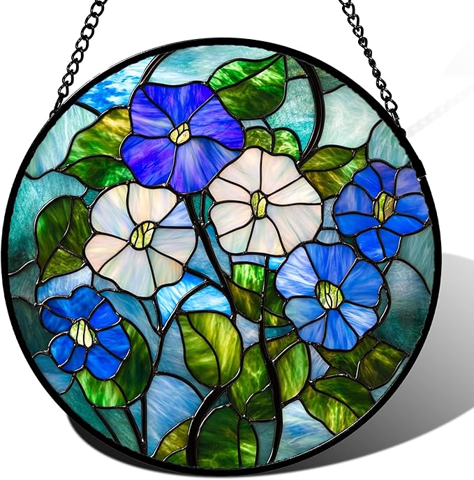 Stained Glass Window Hanging - Blue White Morning Glory Birth Flower Suncatcher for Door Garden Yard Sun Catchers Decor Christmas Mother's Day Birthday Gifts for Women Mom Nana Friend 9.8 in