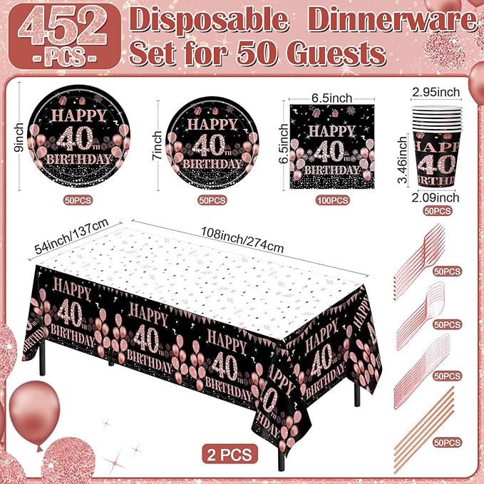 452 Pcs 40th Birthday Decorations for Women Black and Rose Gold 40th Birthday Paper Plates Cups Napkins Tablecloth Cutlery Straws for Girls Women 40 Year Old Party Supplies for 50 Guests