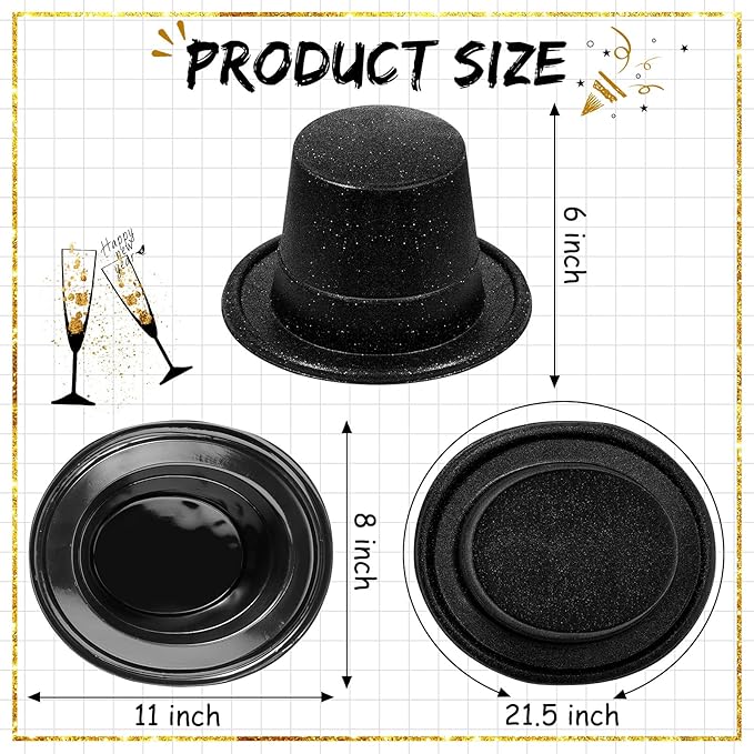 Hillban 50 Pack Glitter Top Hats Bulk Happy New Year Shiny Magician Top Hat for Adults Party