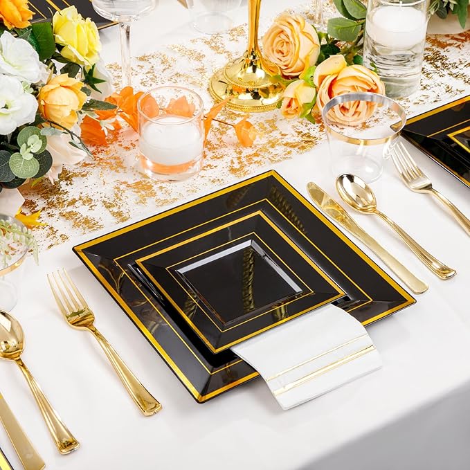 Festiva 350Pcs Black and Gold Plastic Plates-50Guests Disposable Square Black Dinnerware Set include 100 Plastic Plates,50Cups,150Plastic Cutlery,50Napkins for Party &Wedding&New Year