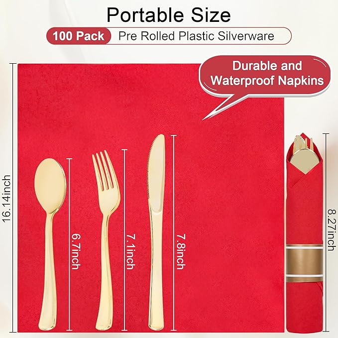 400 PCS Pre Rolled Cutlery Sets, Premium Gold Plastic Flatware Set Wrapped in Red Napkin, Disposable Cutlery Set with 100 Forks, 100 Knives, 100 Spoons, 100 Napkins for Upscale Wedding, Party, Dinner