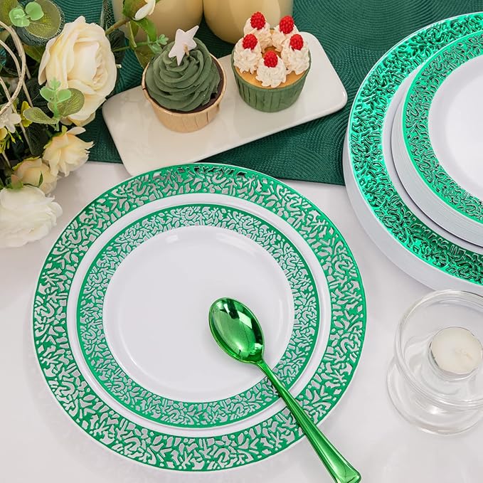 U-QE 150PCS Green St Patricks Day Plates with Plastic Silverware, Green Disposable Plates for 30 Guests Include 30 Dinner Plates, 30 Salad Plates,30 Guests Silverware Perfect for Party