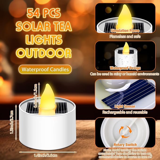54 Pcs Solar Tea Lights Bulk Outdoor Waterproof Rechargeable Dusk to Dawn Lighting Small Valentine's Day Flameless Flickering LED Votive Candles for Garden Patio Party Lanterns (Amber)