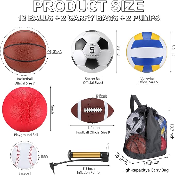 Deekin 12 Pcs Assorted Sport Ball Set Official Size Basketball Football Volleyball Soccer Baseball Playground Ball with Bag and Pump for Youth Adult Gifts