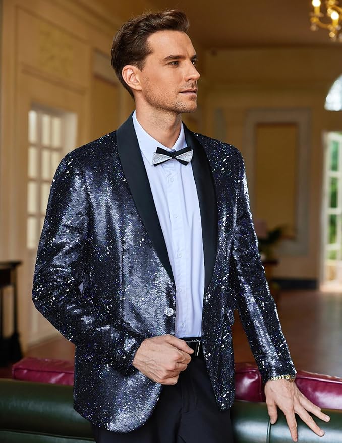 COOFANDY Mens Shiny Sequin Blazer Tuxedo Party Dinner Prom One Button Suit Jacket