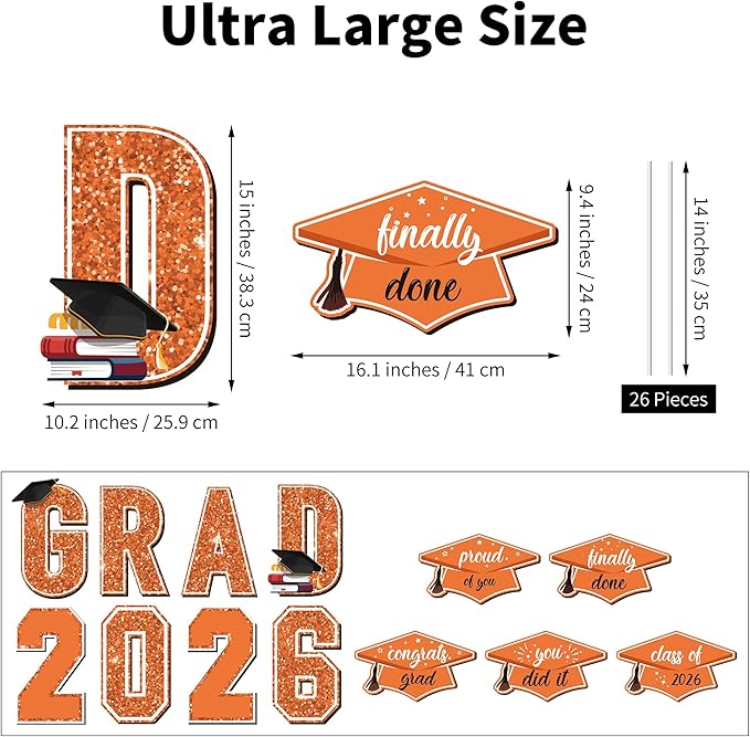Aneco Waterproof 2026 Grad Yard Signs Plastic Graduation Yard Signs Party Outdoor Lawn Decorations 16 Inches Glitter Congrats Grad Lawn Sign with Stakes for Outdoor Party Garden Decor (Orange)