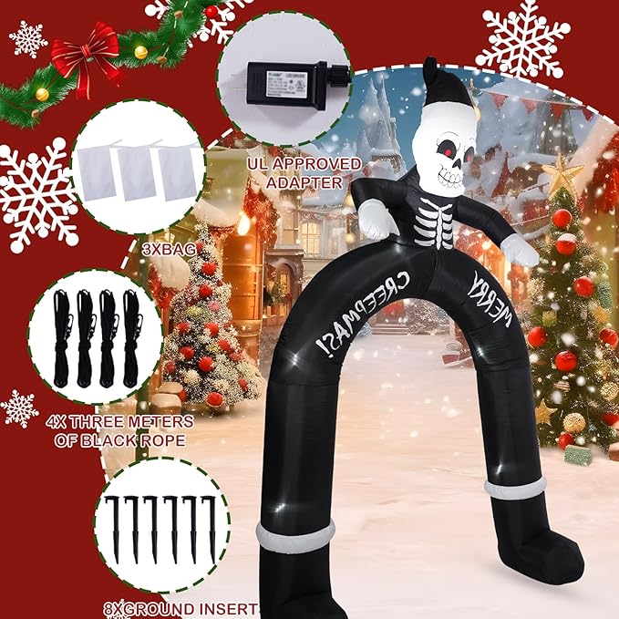 10 FT Skeleton Old Man Arch, Outdoor Inflatable Decorations with Built-in LED Lights for Gothic Style Holiday Inflatable Decorations for Patio, Lawn and Outdoors.