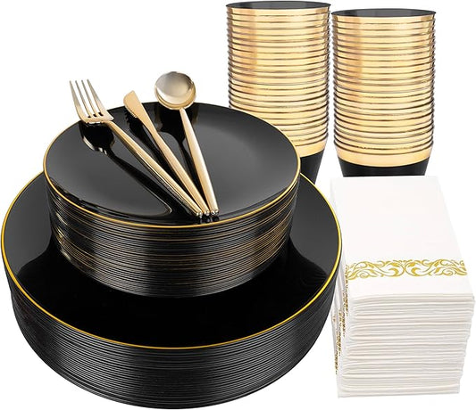 MirthMood 210Pcs Black and Gold Disposable Plates,Black Plates, Black and Gold Plates Include 30 Dinner,Dessert Plate,30 Cup&30 Napkins, 90 Gold Silverware for Wedding & Party & Birthday & New Year