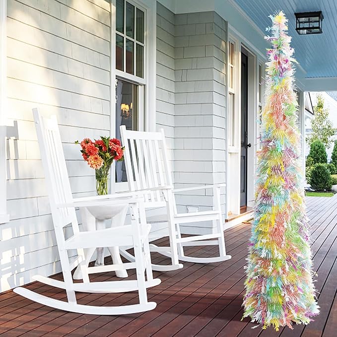 Easter Tinsel Tree, 5FT Artificial Pop Up Pencil Tree Decorations Spring Easter Flower Tabletop Decor for Home Party Birthday Holiday