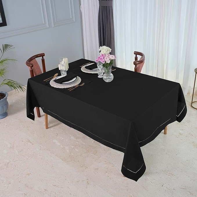 D'Moksha Homes Black Linen Tablecloth 60 x 120 Inch - 100% Pure Linen Hemstitch Tablecloth for Rectangle Tables - Classic Hemstitch, Machine Washable Table Cloth for Spring, Easter