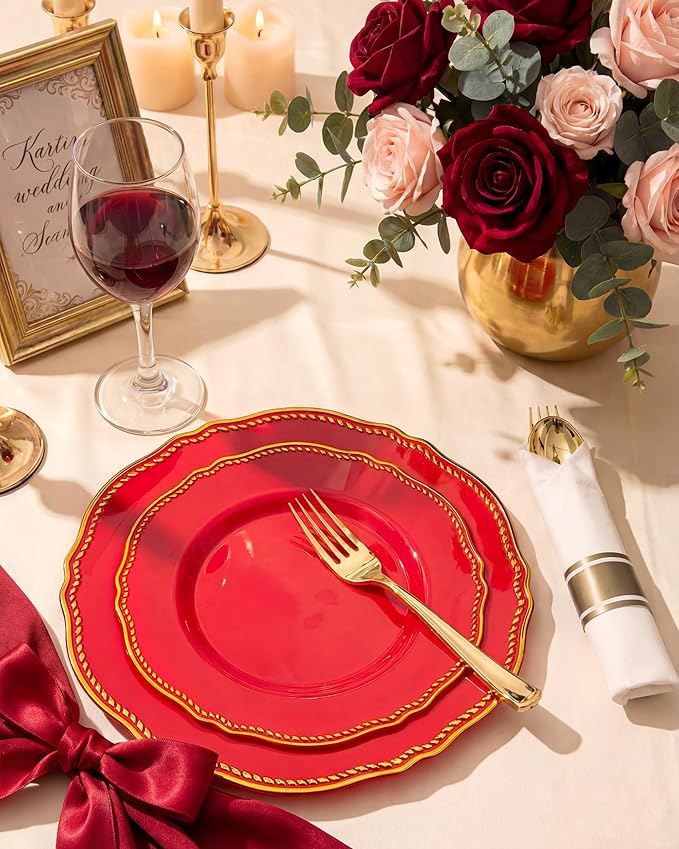 Hioasis 175pcs Red Gold Plastic Plates - Red Plastic Dinnerware Set Includes 25 Dinner Plates, 25 Dessert Dinnerware, 25 Cups, 25 Pre-rolled Napkins Perfect for Wedding & Party