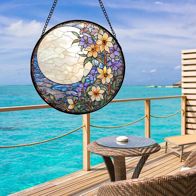 Stained Glass Window Hanging - White Purple Moon Flowers Suncatcher for Door Terrace Garden Home Decor Landscape Sun Catcher Birthday Gifts for Lovers Women Men Dad Mom Nana 15 in