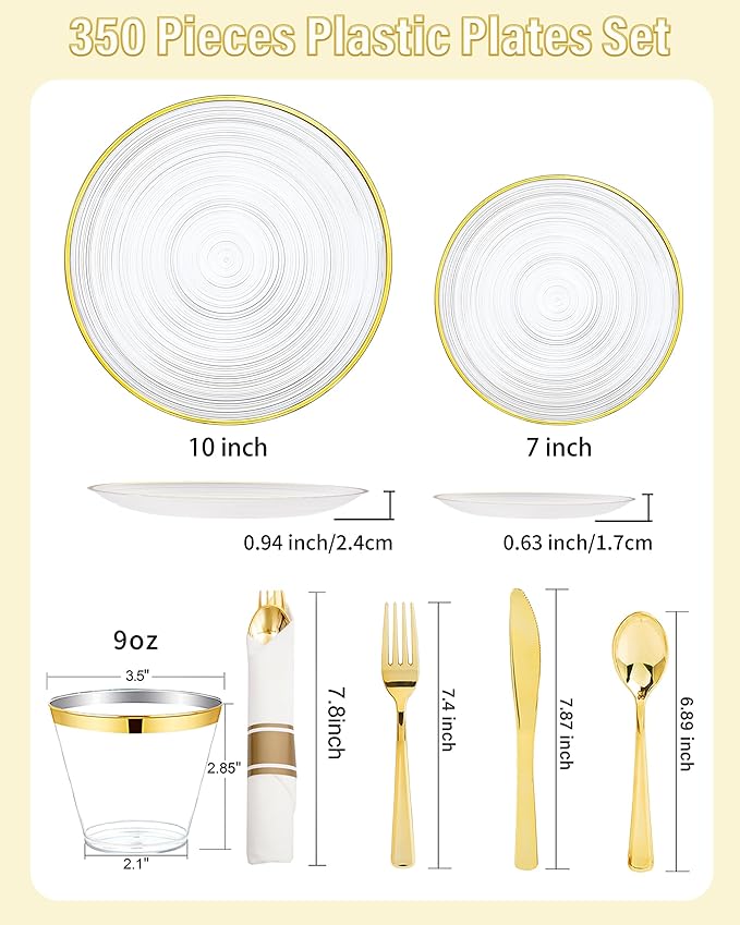 Morejoy 350PCS Clear Gold Plastic Plates - Disposable Gold Party Plates & Pre Rolled Napkins with Cutlery for 50 Guests, 100Plates, 150Silverware, 50Cups, 50Napkin for Party & Thanksgiving