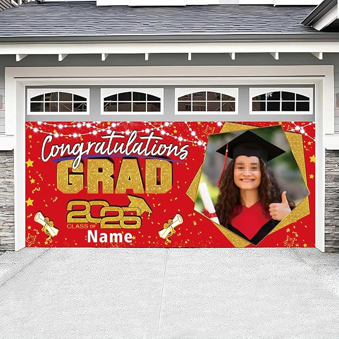 Custom Garaduation Garage Door Banner Cover 16 x 7 ft Class of 2026 Congrats Grad Party Backdrop Personalized Graduation Decoration(Red and Gold)