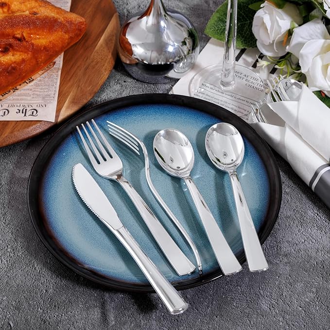100Pack Wrapped Silver Plastic Silverware Sets - Heavy Duty Plastic Silverware Include Pre Rolled Disposable Utensils with Napkins for Parties & Dinners & Weddings
