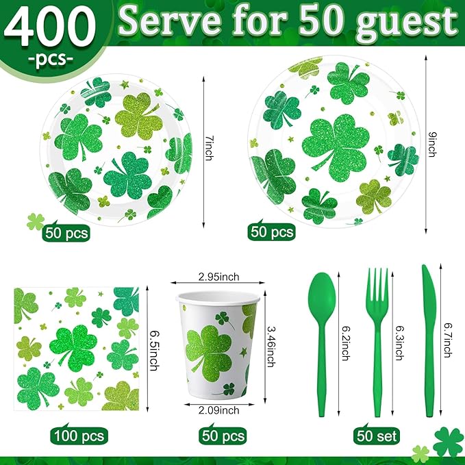 Pickmesh 400 Pcs St. Patrick's Day Party Plates and Napkin Decoration Lucky Shamrock Tableware Cups Knives for Wedding Green Shamrock Themed Irish Festival Party Supplies Serve 50
