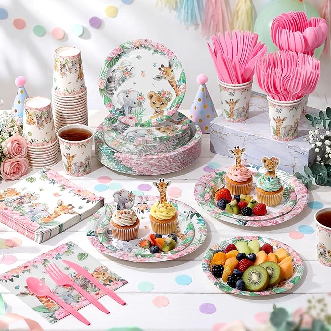 Pickmesh 400 Pcs Safari Birthday Party Supplies Include Pink Green Jungle Animal Disposable Paper Plates Napkins Cups Cutlery for Safari Jungle Wild Birthday Baby Shower Table Decorations Serve 50