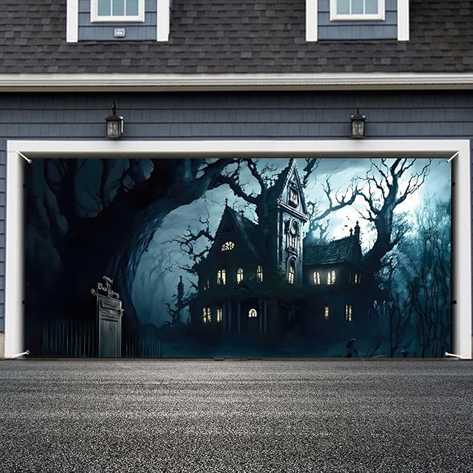 Halloween Garage Door Decorations Banner Cover Halloween Garage Wall Decorations for Outdoor Holiday Party Indoor Outdoor Decor Banner Cover 16x7ft