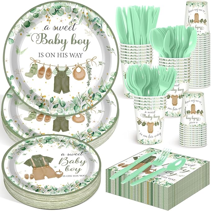 Dandat 350 Pcs Baby Shower Plates Set Baby Shower Party Supplies Serves 50 Tableware Sets Include Plates Napkin Cup Forks Knives Spoons Disposable Dinnerware (Boho,Green)