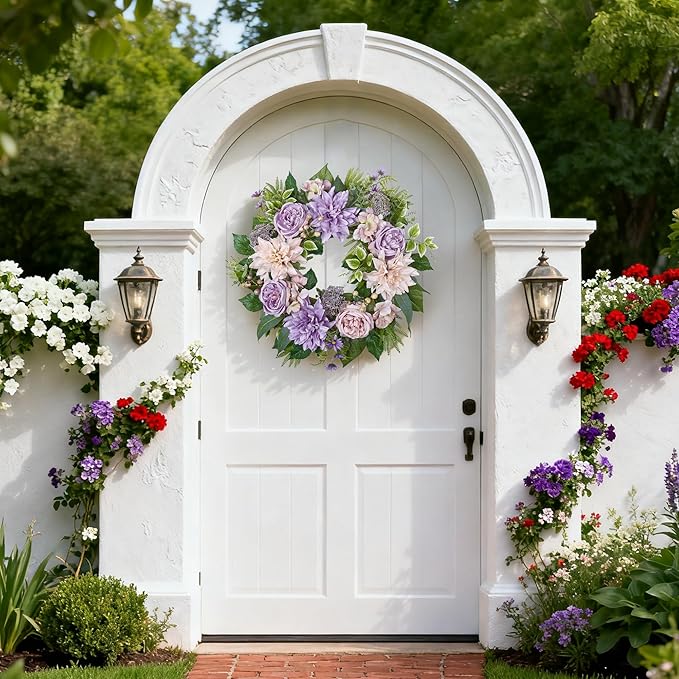 24 Inch Spring Wreath for Front Door with Roses Dahlias Silk Flowers with Berry Greenery for All Seasons Indoor Outdoor Porch Wedding Wall Farmhouse Porch Wall Living Room Home Widding Decor