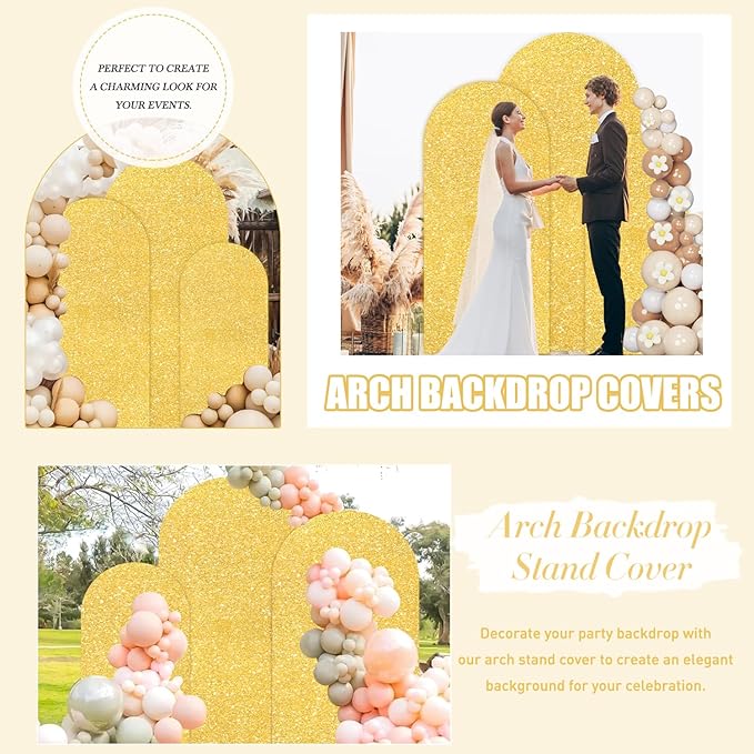 FUHSY Set of 2 Arch Backdrop Cover Gold Wedding Arch Covers 7.2FT, 6FT Chiara Arched Covers Stretchy Backdrops Sparkle Spandex Sequin Backdrop Arches Cover for Balloon Birthday Party Graduation Decor