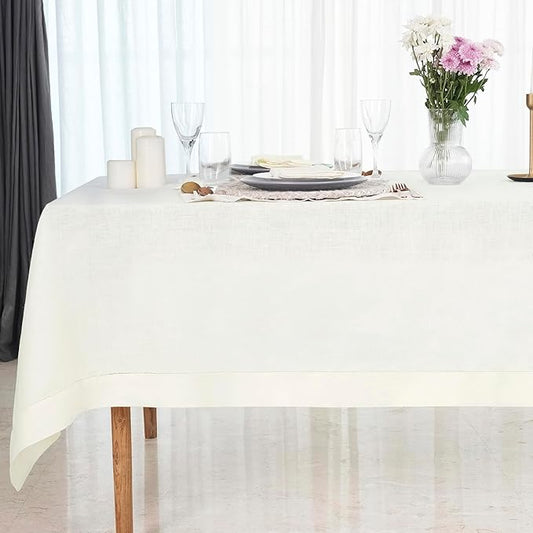 D'Moksha Homes Ivory Linen Tablecloth 60 x 108 Inch - 100% Pure Linen Ivory Table Cloth for Rectangle Tables - Classic Hemstitch, Machine Washable Tablecloth for Valentines, Spring, Easter