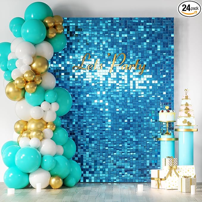 COKAOBE Turquoise Blue Shimmer Wall Backdrop, 24PCS Square Sequin Shimmer Backdrop Panel, Photo Backdrops for Birthday, Anniversary, Wedding, Graduation & Bachelorette Party Decoration