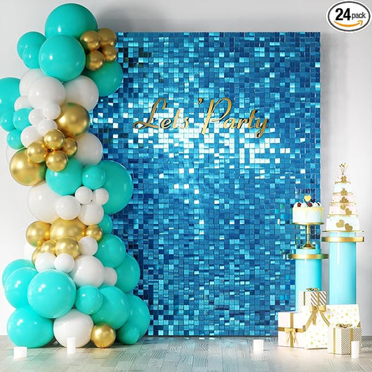 COKAOBE Turquoise Blue Shimmer Wall Backdrop, 24PCS Square Sequin Shimmer Backdrop Panel, Photo Backdrops for Birthday, Anniversary, Wedding, Graduation & Bachelorette Party Decoration