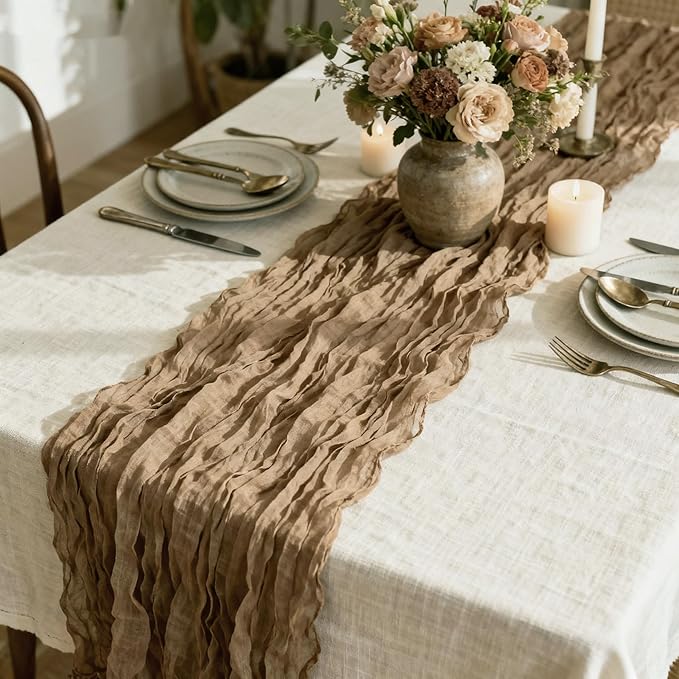 12 Pack Coffee Cheesecloth Table Runner 35 x 118 Inch Gauze Fabric Boho Christmas Table Runner for Wedding Arch, Rustic Bridal Shower, Baby Shower, Party Decorations, Farmhouse Home Decor