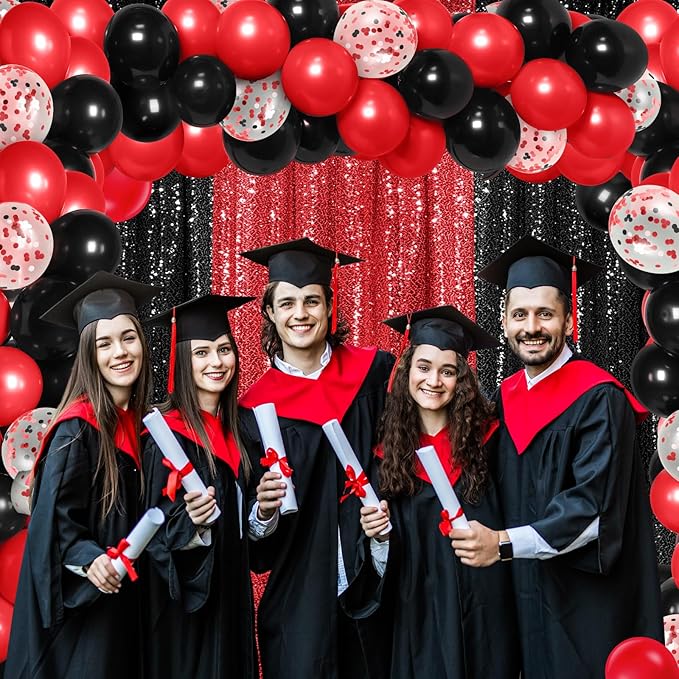 137 Pcs Red Black Party Backdrop Kits, 4 Sequin Backdrop Curtain 133 Balloon Arch Kit Garland Photo Background for Christmas 2026 New Year's Eve Anniversary Birthday Movie Night Decor
