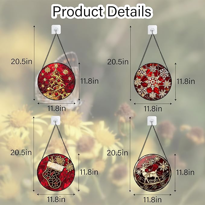 Stained Glass Window Hanging 4 Pcs Set Red Christmas Elk Snowflakes Large 11.8" - Deer Suncatcher Door Garden Sun Catcher Decor Birthday for Mom Woman Nana Men Friend