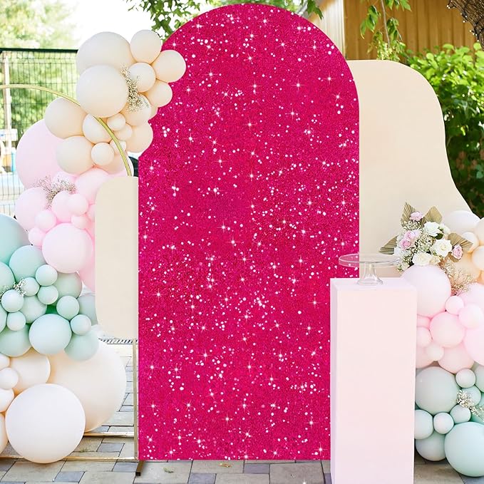 FUHSY Wedding Arch Cover 7.2 FT Sequin Arch Stand Covers Hot Pink Arch Backdrop Cover Spandex Fit Arches Covers Fabric for Arches Stands Fuchsia Party Backdrop Cover for Baby Shower Birthday Decor